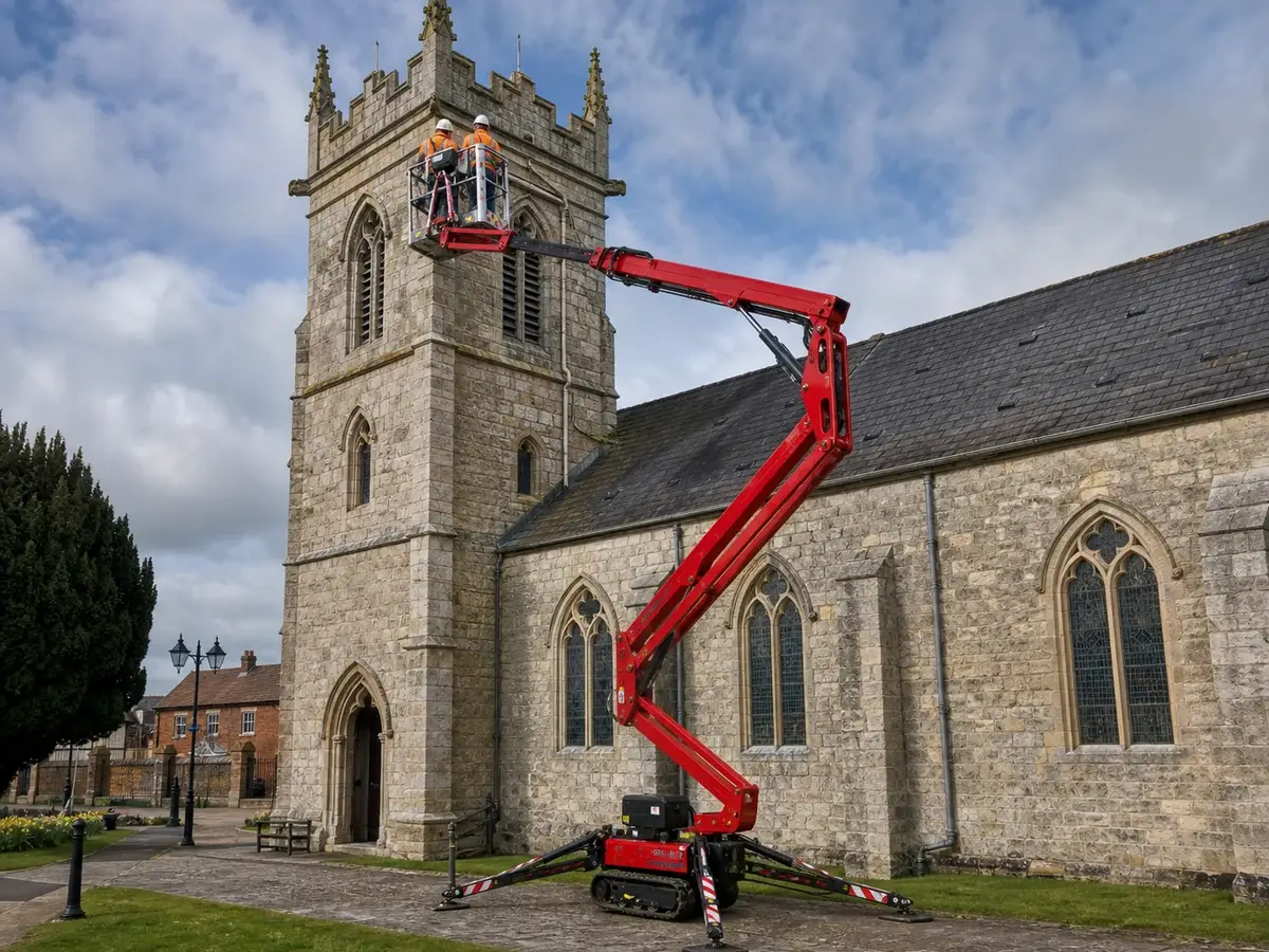 Spider lift giving operators access to a stone church tower for heritage maintenance