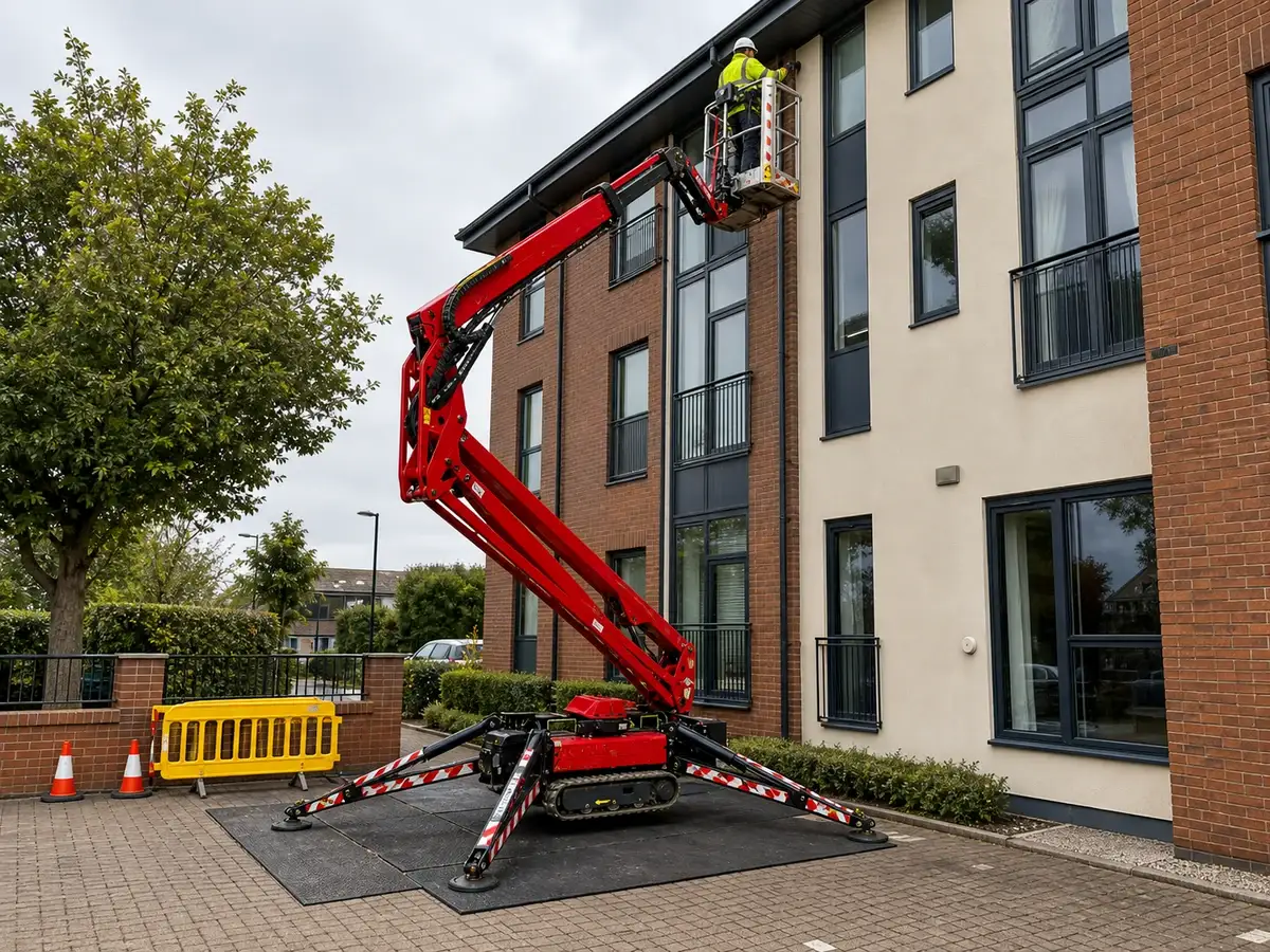 Spider lift reaching the upper floors of a block of flats