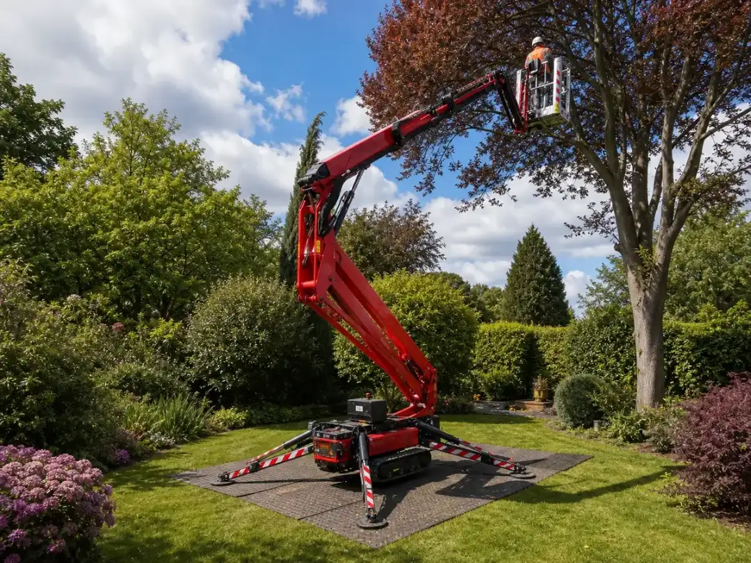 Spider lift reaching into a mature tree for crown work